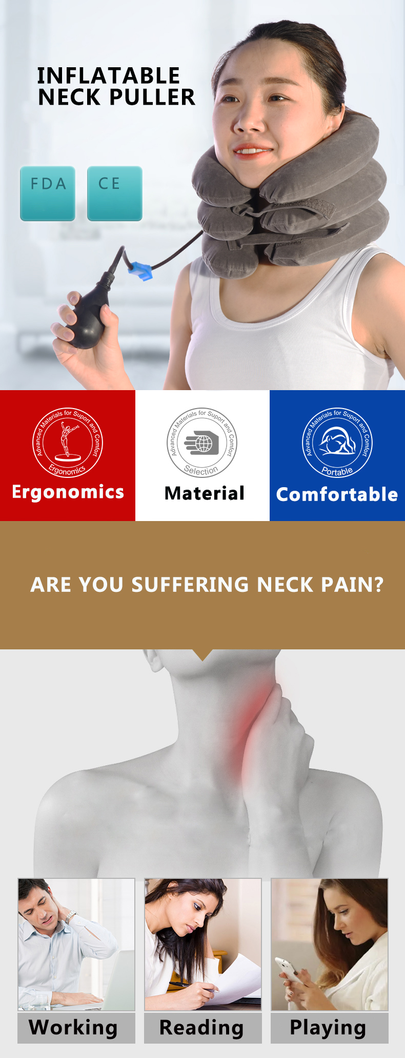 Inflatable & Adjustable Neck Stretcher Collar for Home Traction Spine Alignment